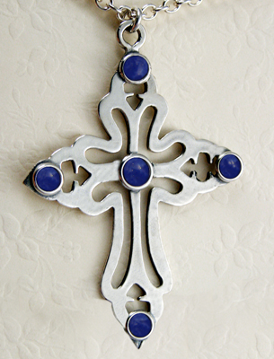 Sterling Silver Large Cross Pendant Necklace with Lapis Lazuli